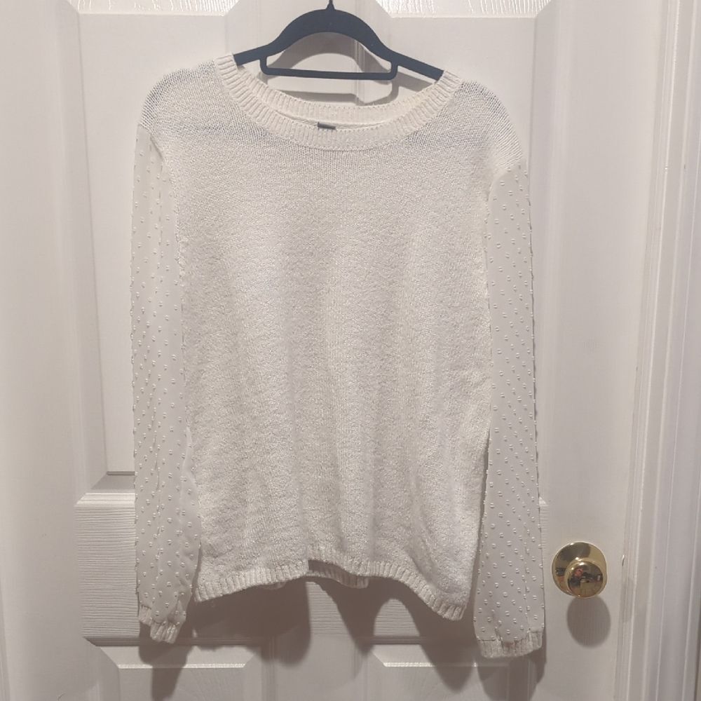 Bass White Crewneck Sweater Polka Dot Sheer Sleeves Large Casual‎ Luxe Lounge